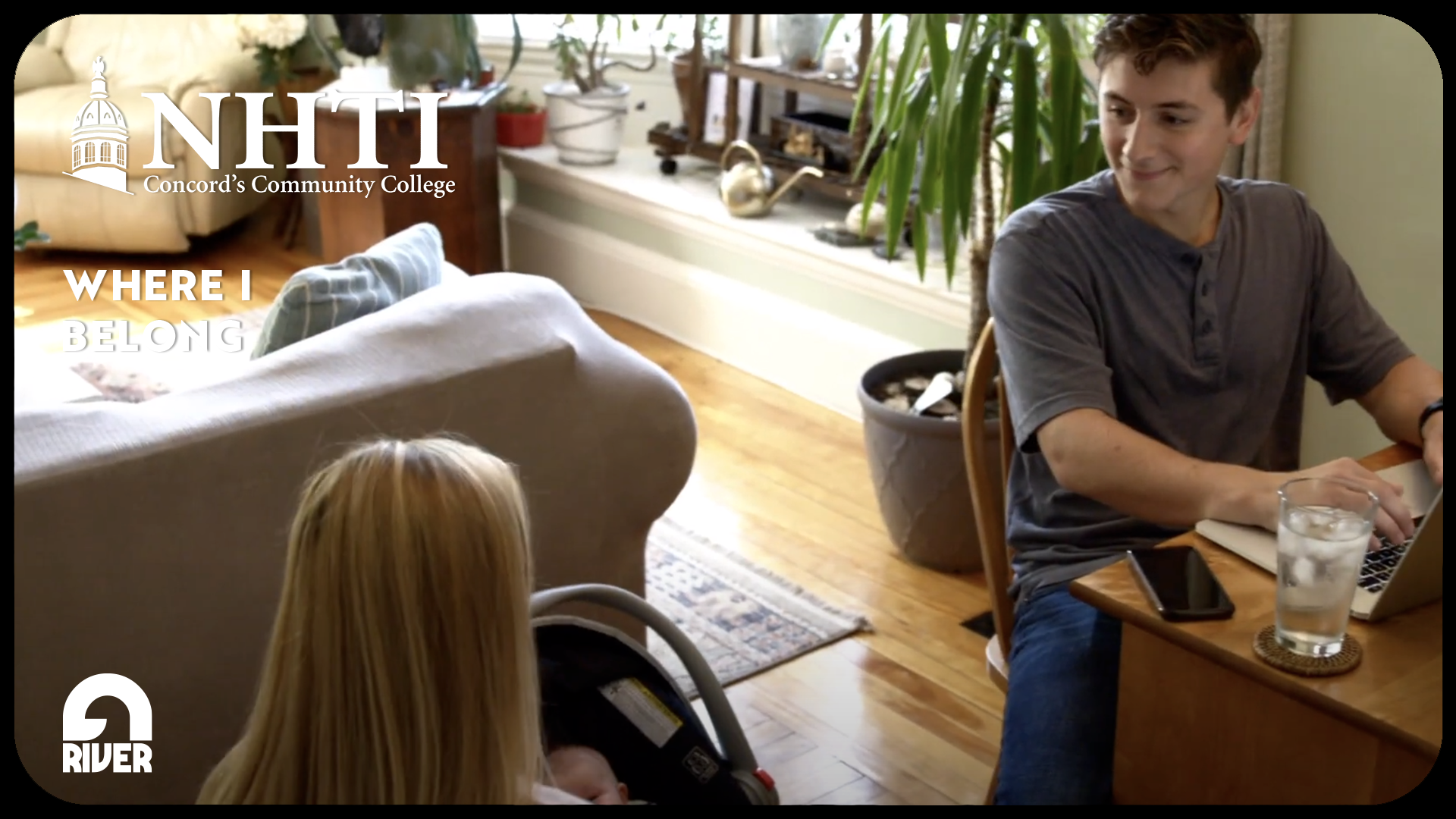 Screenshot of a video created by Granite River Studios, to promote NHTI Concord's Community College, that features students studying at their computer and talking to each other.