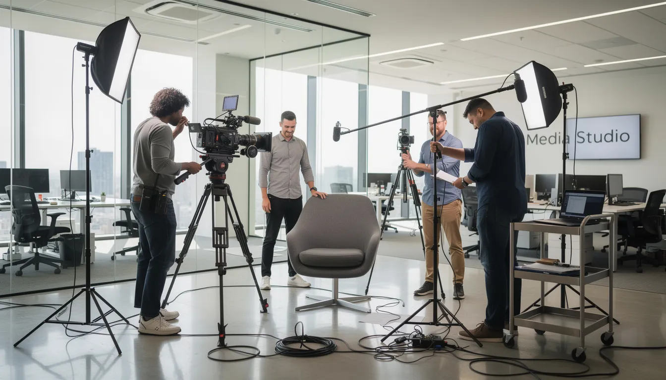 A professional video production crew is setting up camera equipment in a modern office space, preparing for the shoot by adjusting the lighting and discussing camera angles. This scene captures the entire process of creating content, showcasing the teamwork involved in producing high-quality marketing videos.