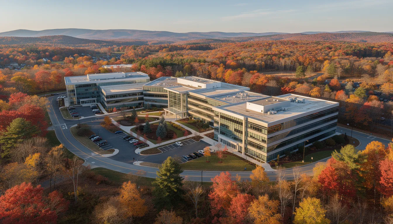 An aerial drone shot captures a modern corporate campus nestled among vibrant autumn trees in New England, showcasing the beautiful contrast of the building's architecture against the colorful foliage. This image highlights the potential for video production, with a focus on location and camera angles that could enhance marketing videos.