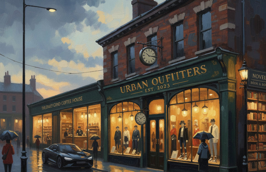 Downtown branded storefronts.